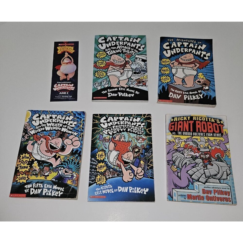 5 Dav Pilkey PBK Book Lot Captain Underpants 1 2 8 Ricky Ricotta Robot Bookmark
